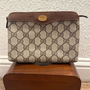 GUCCI ANNIVERSARY COLLECTION GG LOGO CANVAS LEATHER SMALL CLUTCH HANDBAG